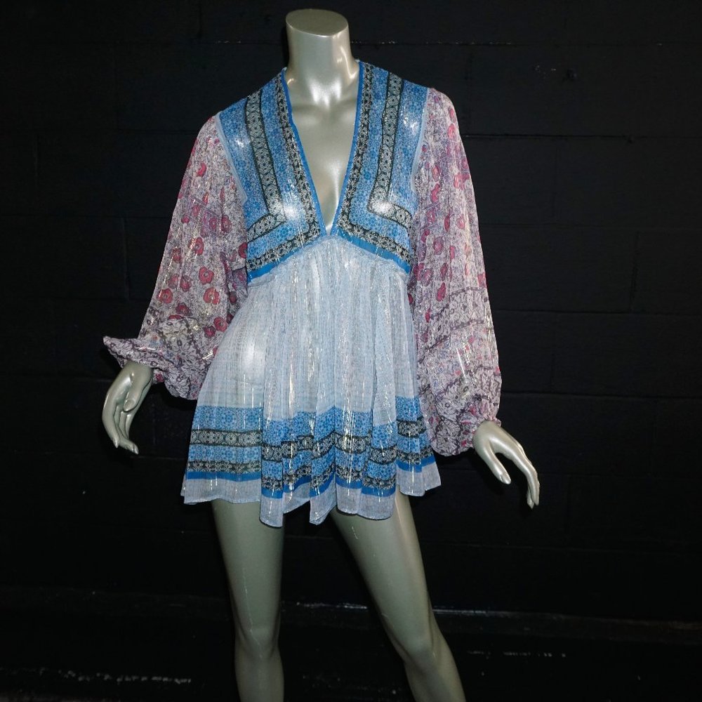FREE PEOPLE ALIYAH  Balloon sleeve floral shimmer tunic mini festival NWT